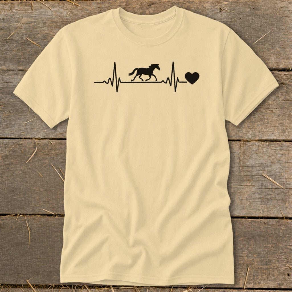 Cream t-shirt with black horse heartbeat graphic and a heart.