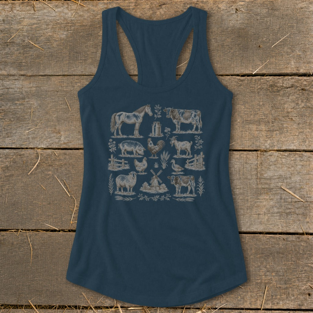 Navy tank top with a central farm animal and windmill illustration in a square grid.