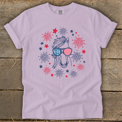 Horse head graphic with American flag sunglasses surrounded by fireworks and stars.