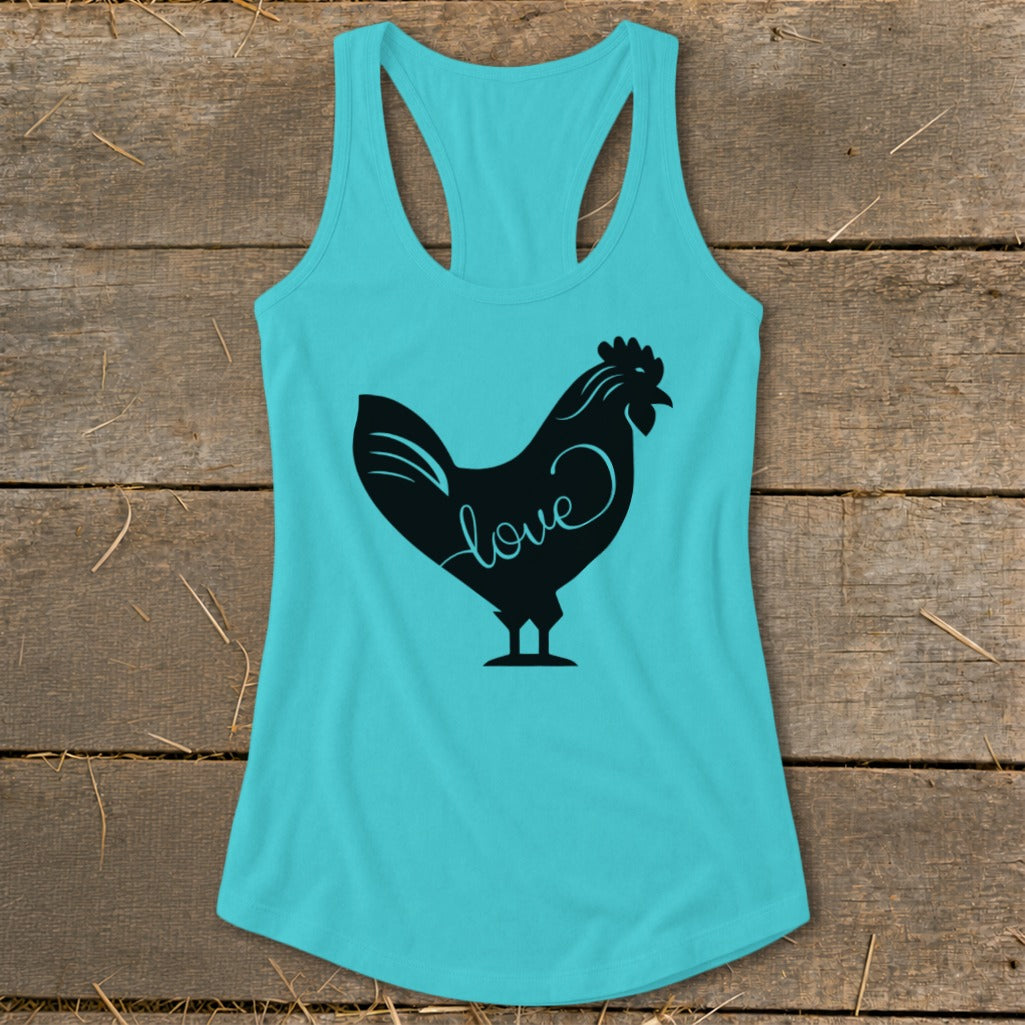 Turquoise tank top with black rooster silhouette and "love" text.
