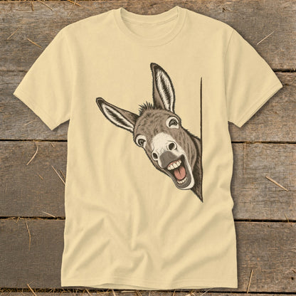 T-shirt with a cartoon donkey peeking around a corner with a wide grin.