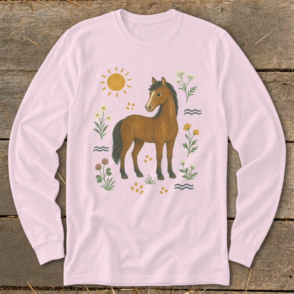 Long-sleeved pink shirt with a brown horse and floral illustration.