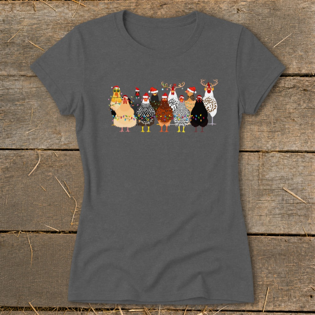 Group of chickens wearing Santa hats and Christmas lights on a dark gray t-shirt.