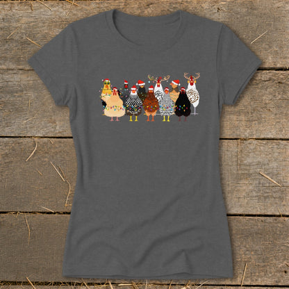 Group of chickens wearing Santa hats and Christmas lights on a dark gray t-shirt.