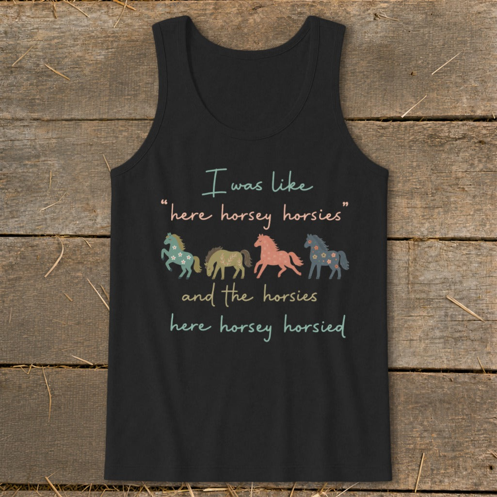 Black tank top with text and illustrations of four horses.