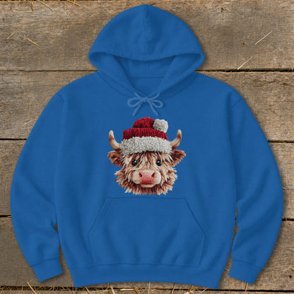 Blue hoodie with a Christmas-themed Highland cow graphic.