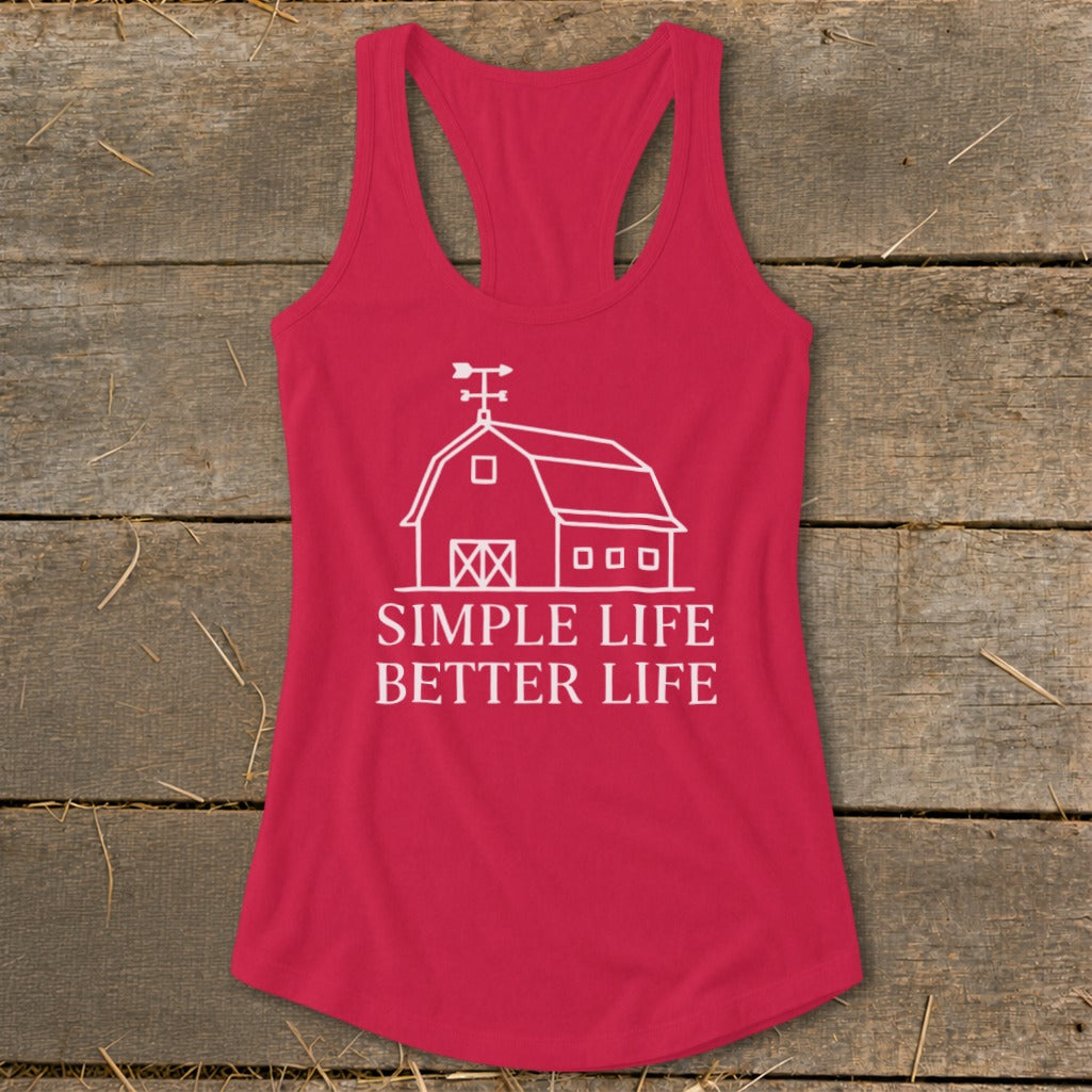 Red tank top with white barn graphic and "SIMPLE LIFE BETTER LIFE" text.