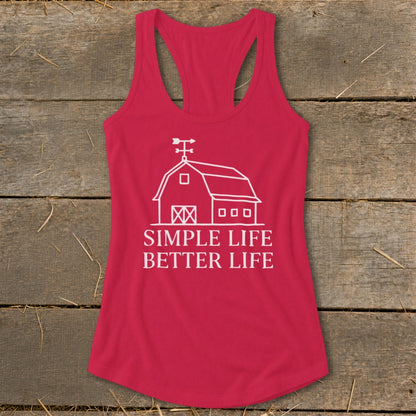 Red tank top with white barn graphic and "SIMPLE LIFE BETTER LIFE" text.