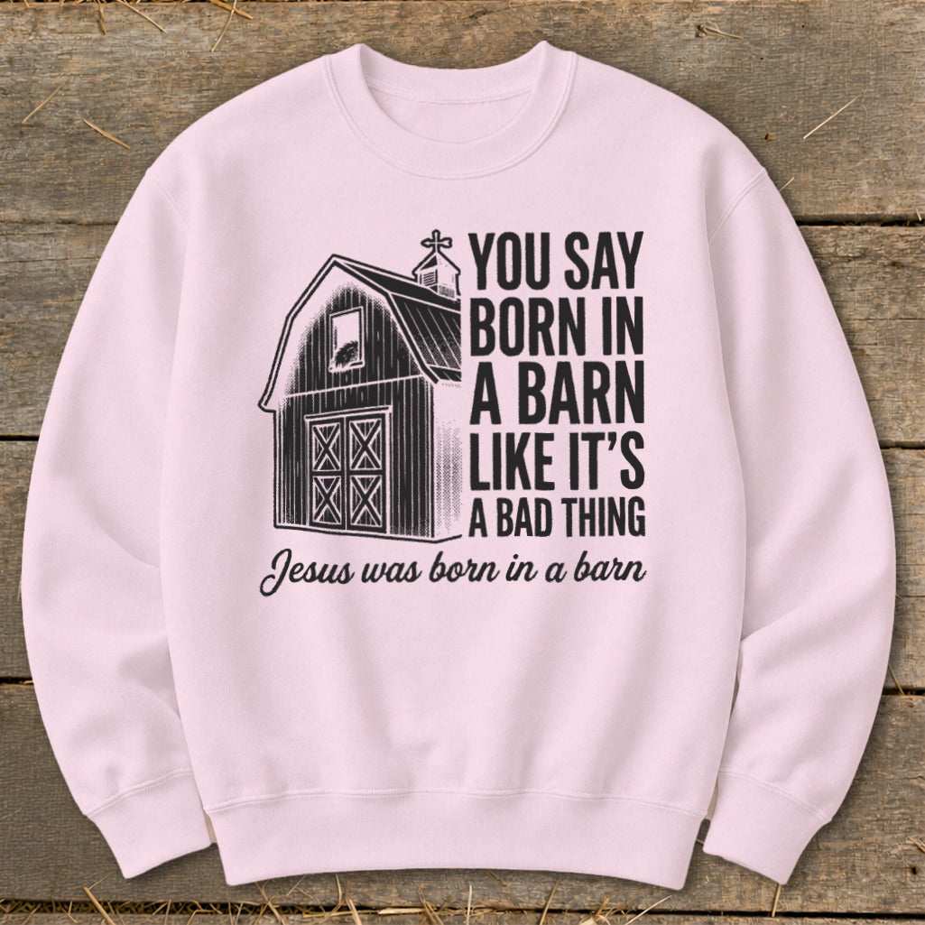 Pink sweatshirt with barn graphic and text "You say born in a barn like it's a bad thing. Jesus was born in a barn."