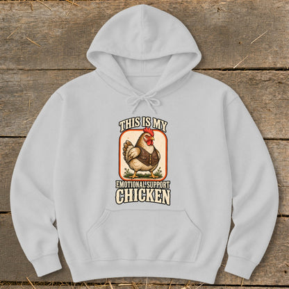 White hoodie with a graphic of a chicken wearing a vest and text.