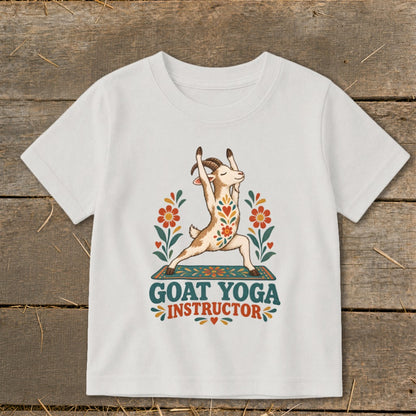 White t-shirt with a goat in yoga pose and "GOAT YOGA INSTRUCTOR" text.