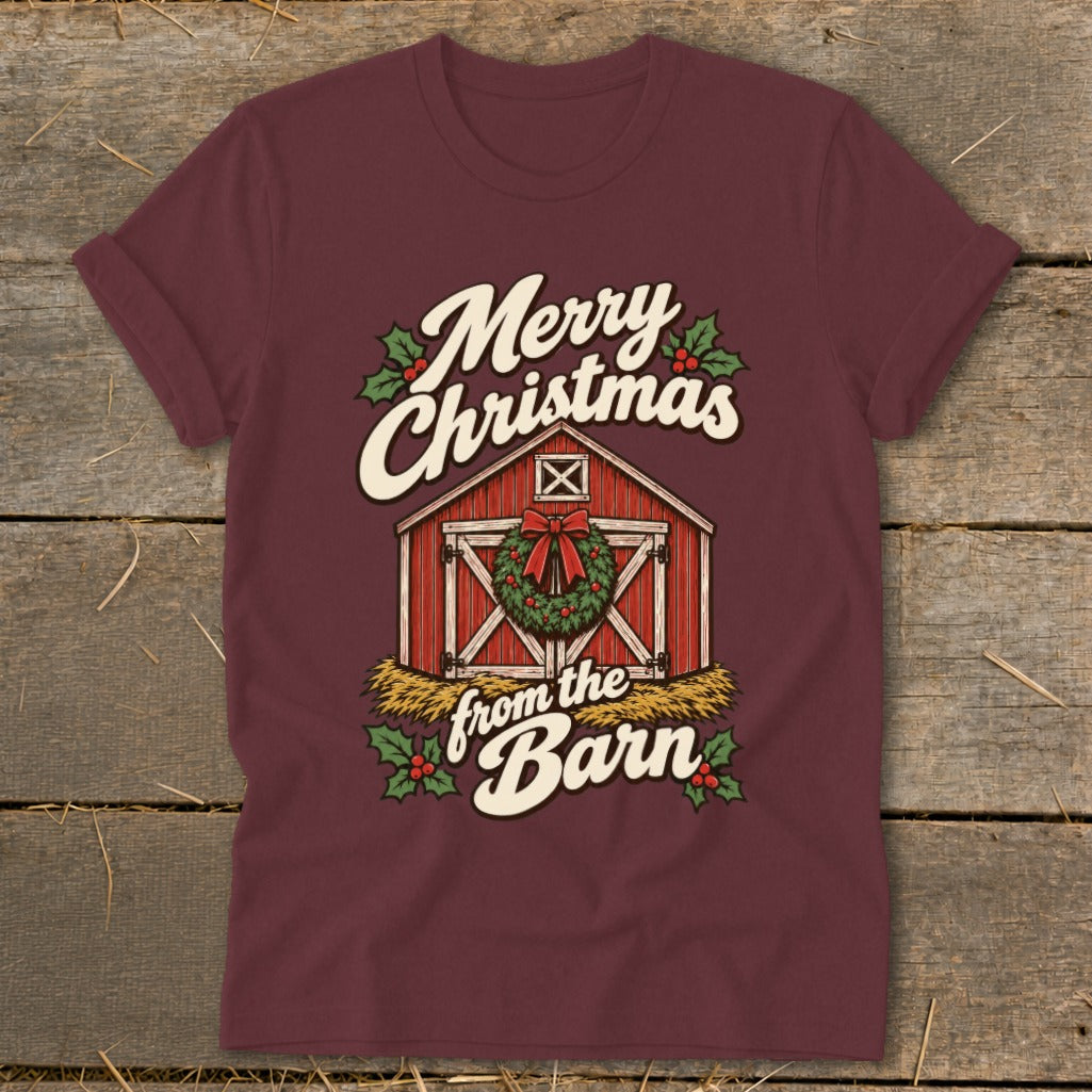 Maroon t-shirt with a barn and "Merry Christmas from the Barn" text design.