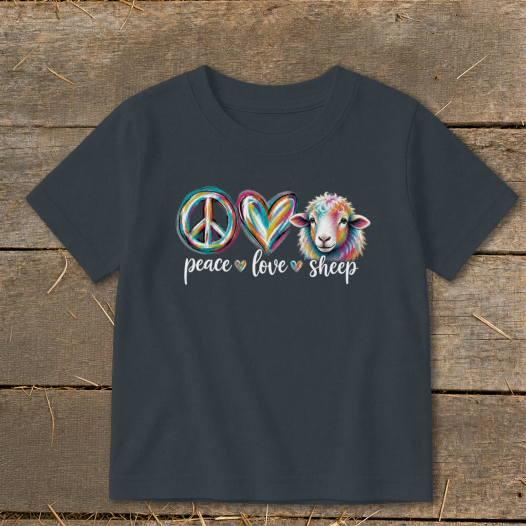Dark grey t-shirt with peace, love, sheep icons and colorful sheep illustration.