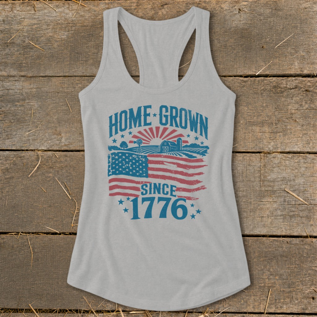 Light gray tank top with "HOME GROWN SINCE 1776" text and American flag graphic.