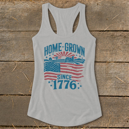 Light gray tank top with "HOME GROWN SINCE 1776" text and American flag graphic.