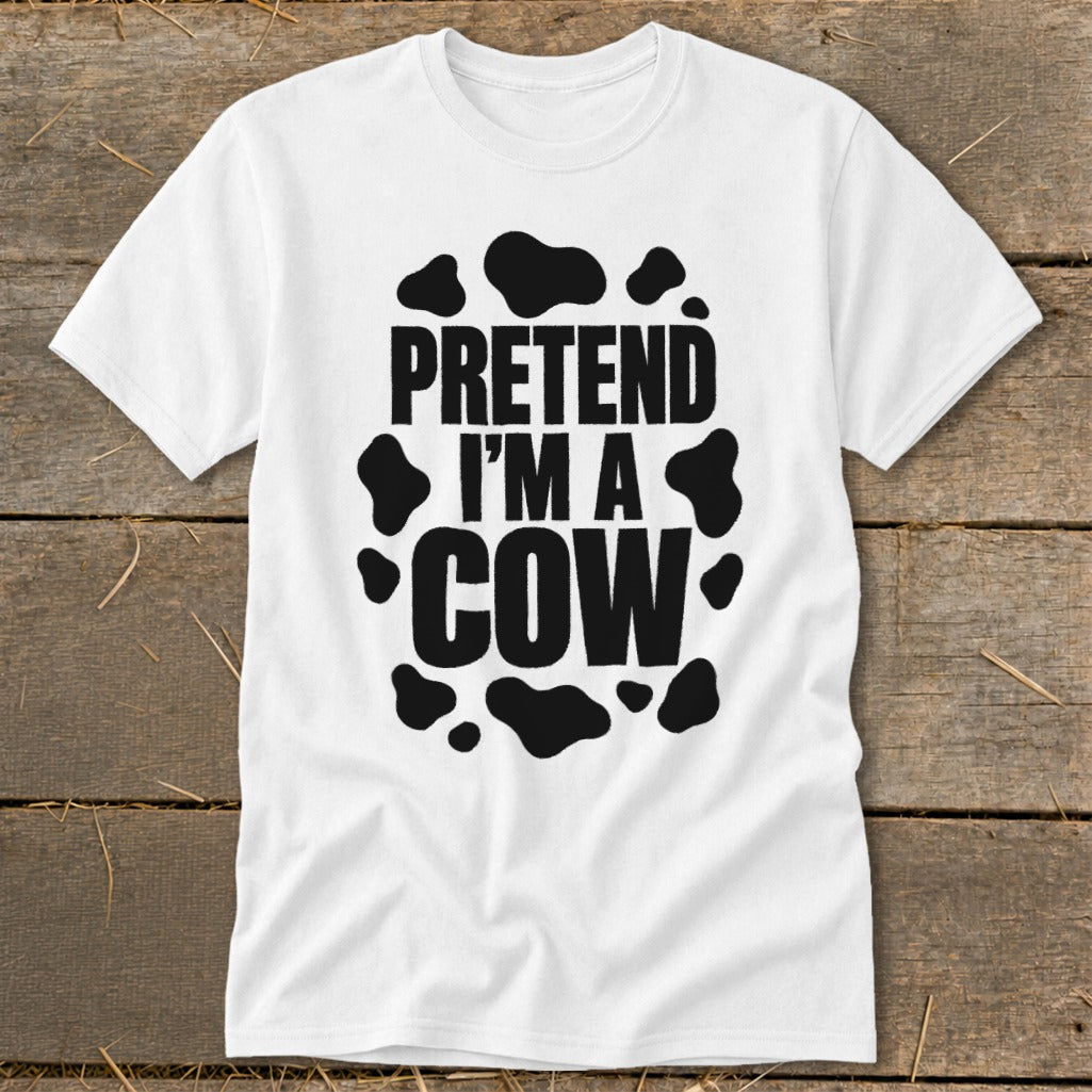White t-shirt with black text "PREND I'M A COW" and cow spots.