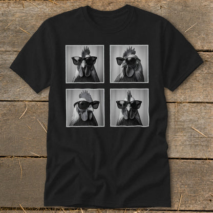 Black t-shirt with four black and white images of roosters wearing sunglasses.
