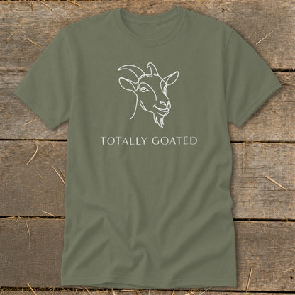 Olive green t-shirt with white outline drawing of a goat and text "TOTALLY GOATED".