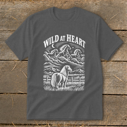 Dark gray t-shirt with "Wild at Heart" text and horse graphic.