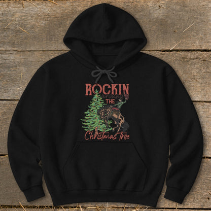 Black hoodie with "Rockin Around The Christmas Tree" text and festive graphic.
