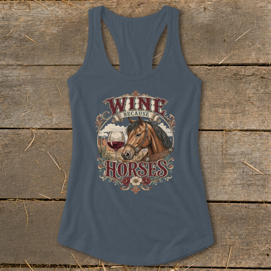 A dark gray racerback tank top with a graphic of a horse and wine glass, featuring the text "Wine Because Horses."