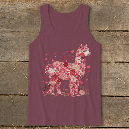 Alpaca formed from pink flowers and hearts on a maroon tank top.