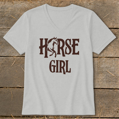 Light grey v-neck t-shirt with brown text and horse graphic reading "Horse Girl".