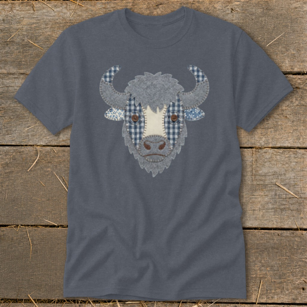 Grey t-shirt with a patchwork buffalo face applique.