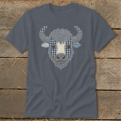 Grey t-shirt with a patchwork buffalo face applique.