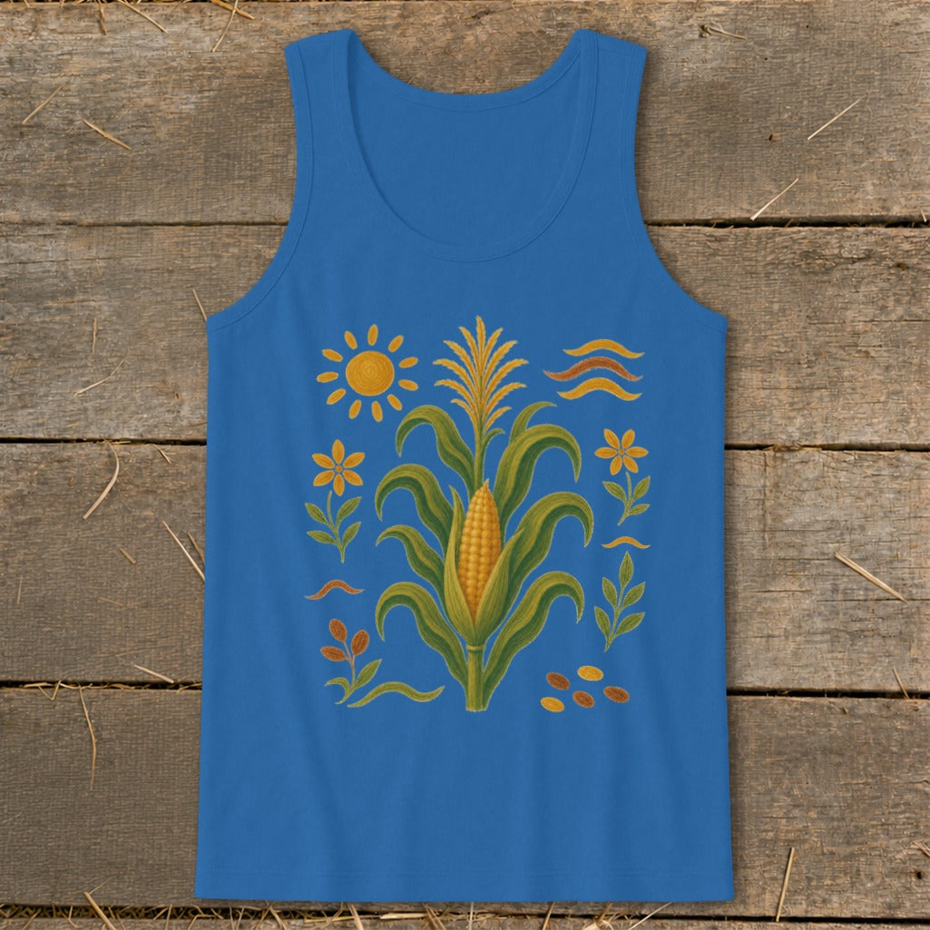 Blue tank top with corn stalk, sun, flowers, and seed design.