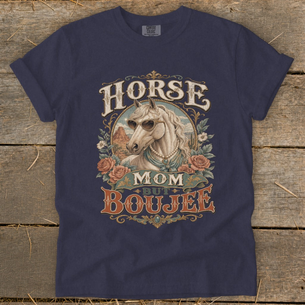 Horse Mom But Boujee graphic on navy t-shirt with horse wearing sunglasses.