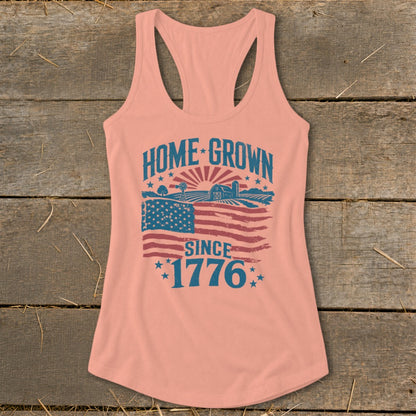 Peach tank top with "Home Grown Since 1776" and US flag farm graphic.
