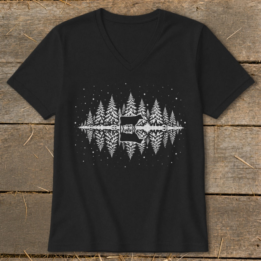 Black v-neck t-shirt with a white graphic of a cow and pine trees reflecting in water.