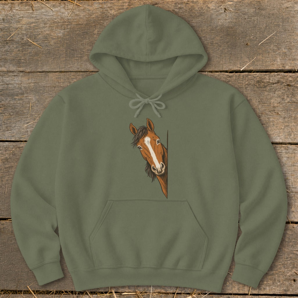 Green hoodie with illustration of a brown horse peeking from the side.