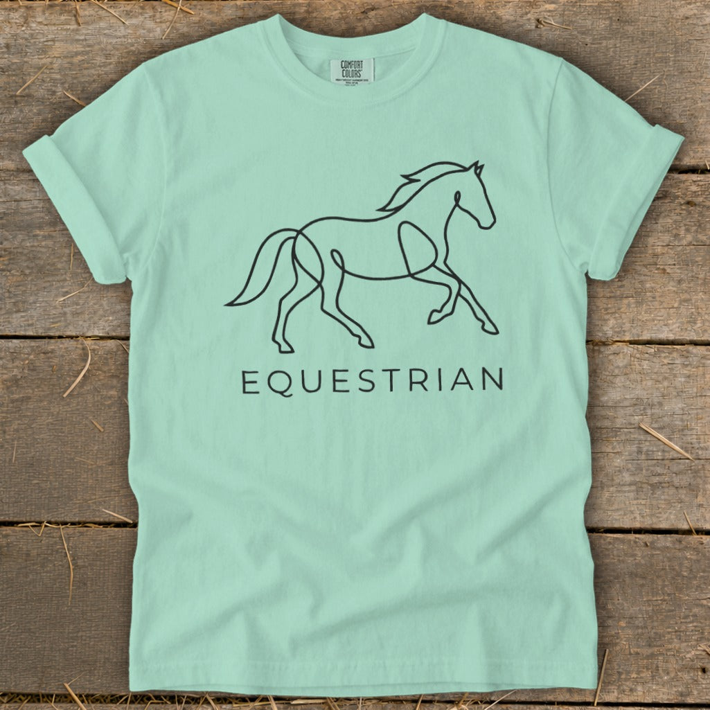 Mint green t-shirt with a line drawing of a horse and the word EQUESTRIAN.