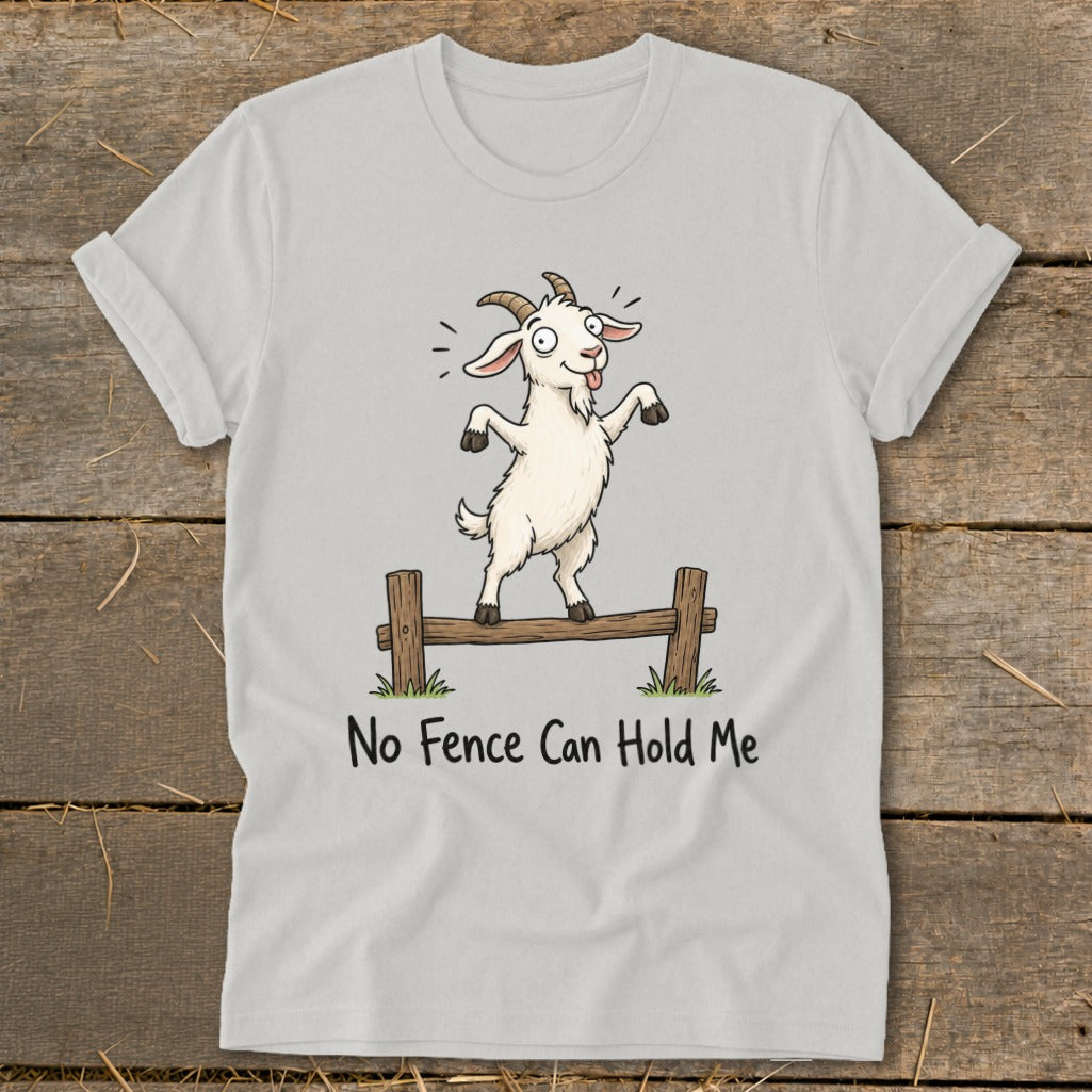 White t-shirt with cartoon goat on a fence, text "No Fence Can Hold Me".