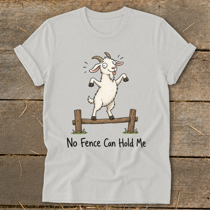 White t-shirt with cartoon goat on a fence, text "No Fence Can Hold Me".