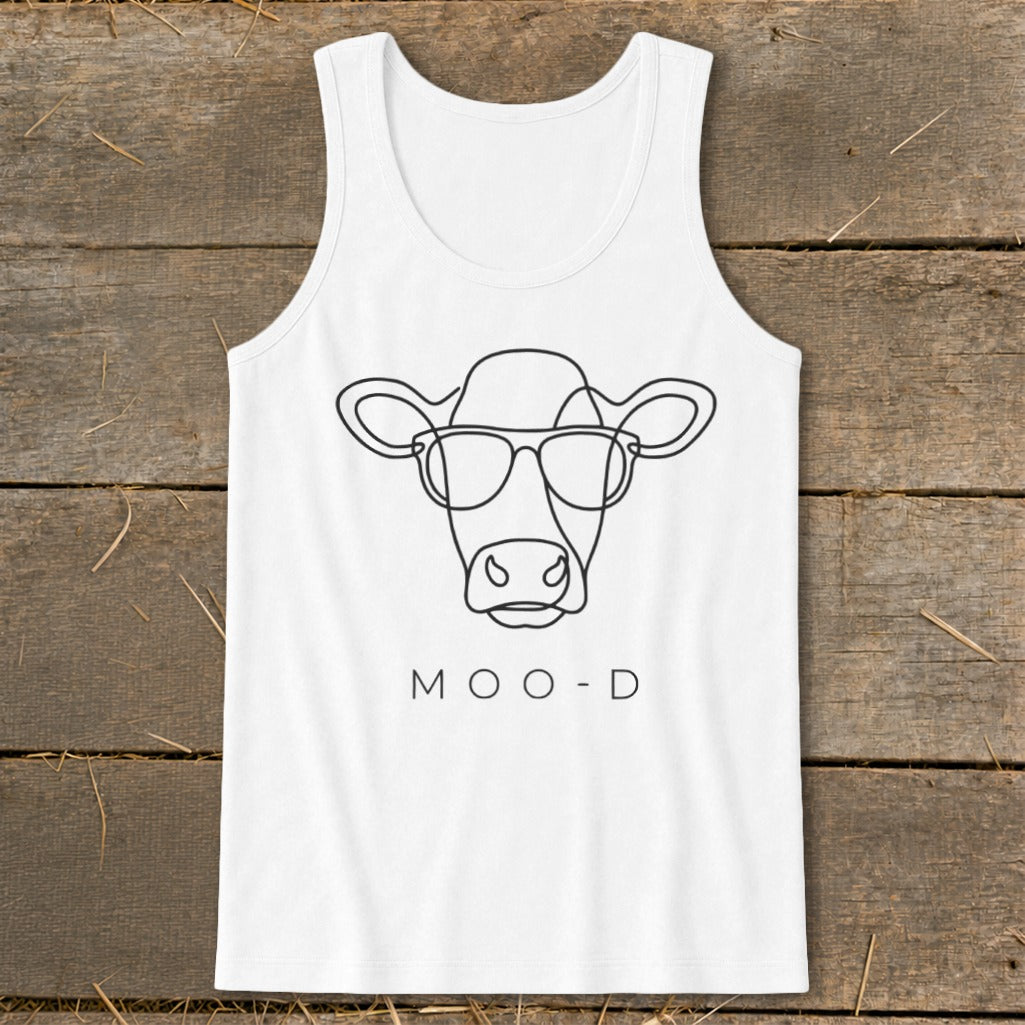 White tank top with a black line drawing of a cow wearing sunglasses and the text "MOO-D".