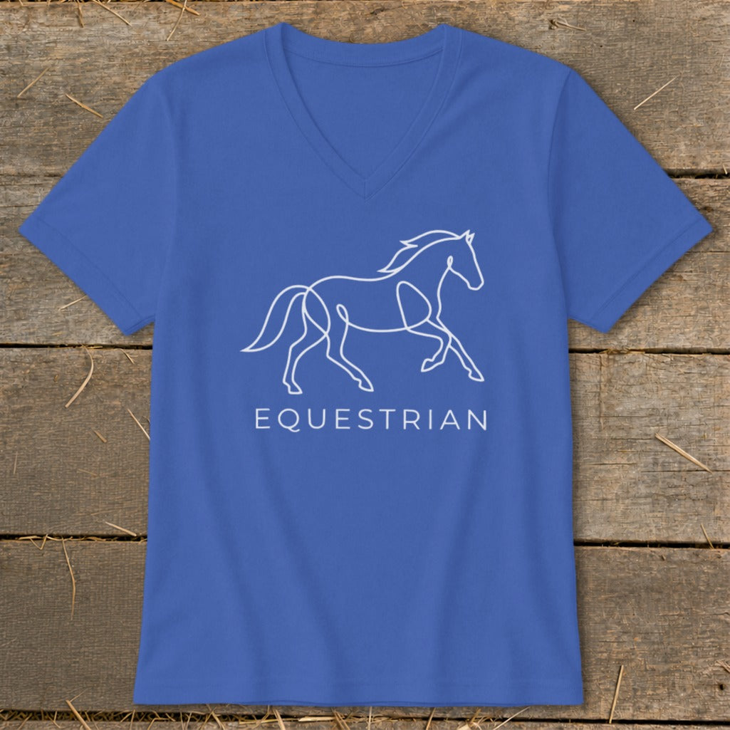 Blue v-neck t-shirt with white line art horse and "EQUESTRIAN" text.
