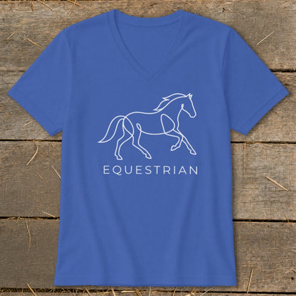 Blue v-neck t-shirt with white line art horse and "EQUESTRIAN" text.