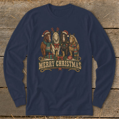 Four horses in Christmas hats and scarves with "Merry Christmas" text.