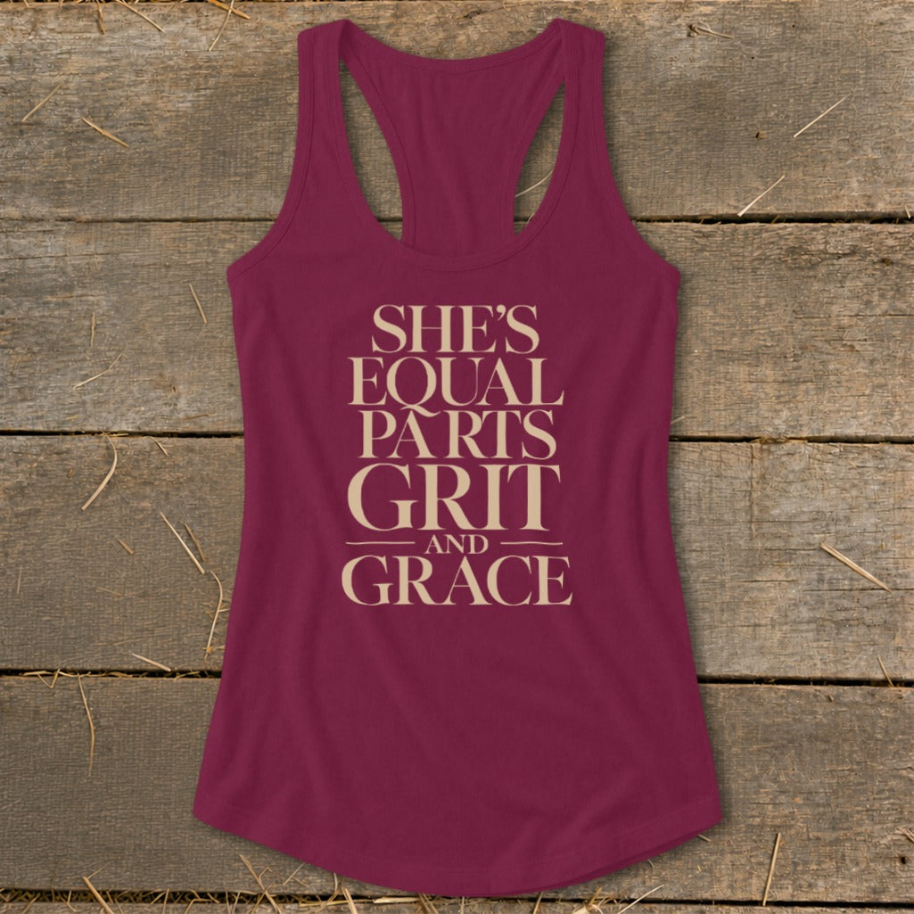 Maroon tank top with "She's Equal Parts Grit and Grace" text.