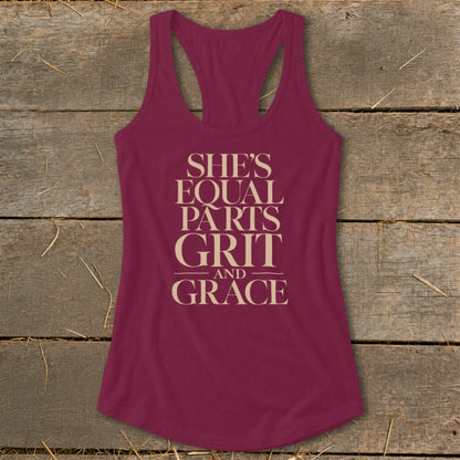 Maroon tank top with "She's Equal Parts Grit and Grace" text.
