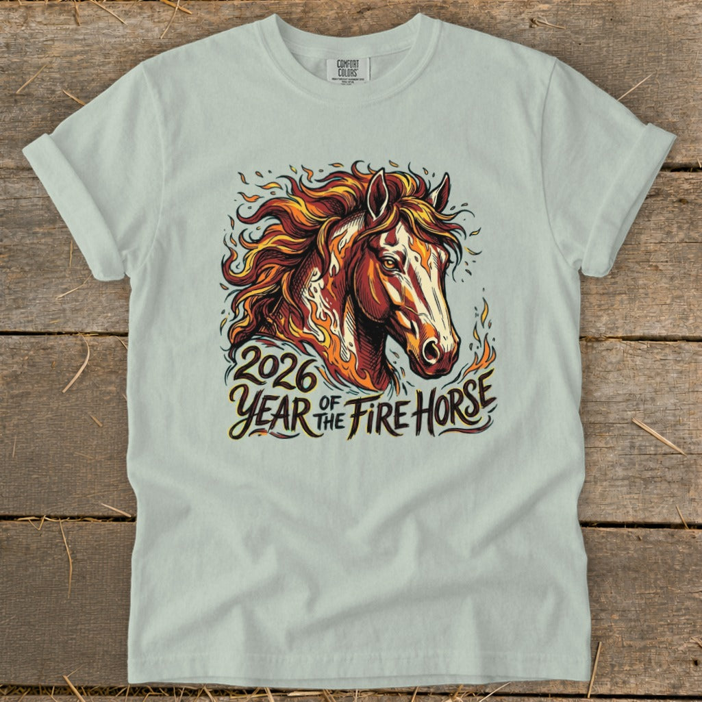 T-shirt graphic: 2026 Year of the Fire Horse with a fiery horse head.