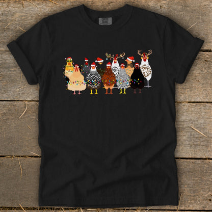 Black t-shirt with cartoon chickens wearing Santa hats and festive lights.