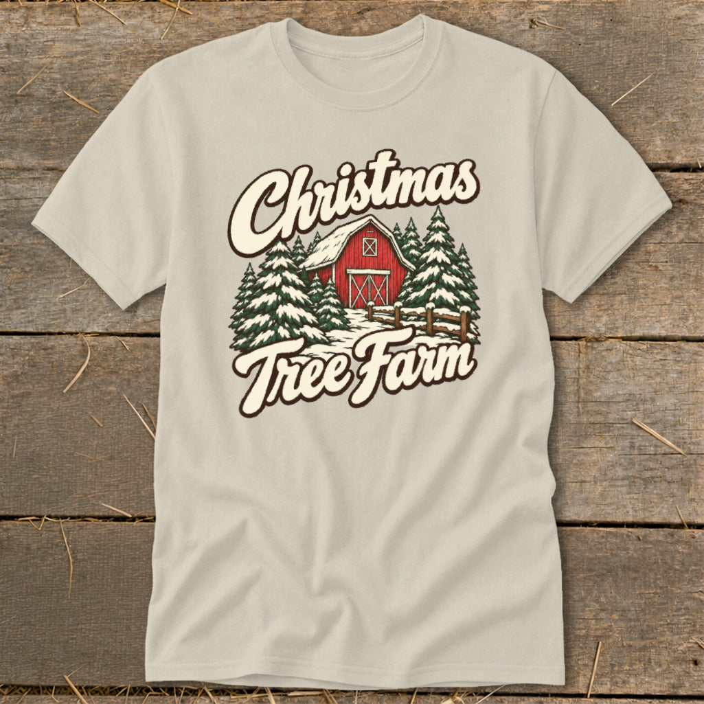Cream t-shirt with "Christmas Tree Farm" text and barn illustration.