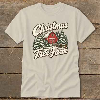 Cream t-shirt with "Christmas Tree Farm" text and barn illustration.