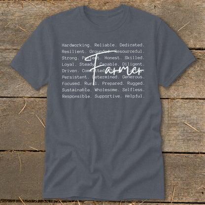 Dark grey t-shirt with white text listing farmer attributes and the word "Farmer".