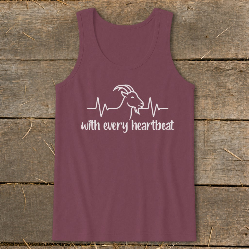 Maroon tank top with white goat and heartbeat graphic and text "with every heartbeat".