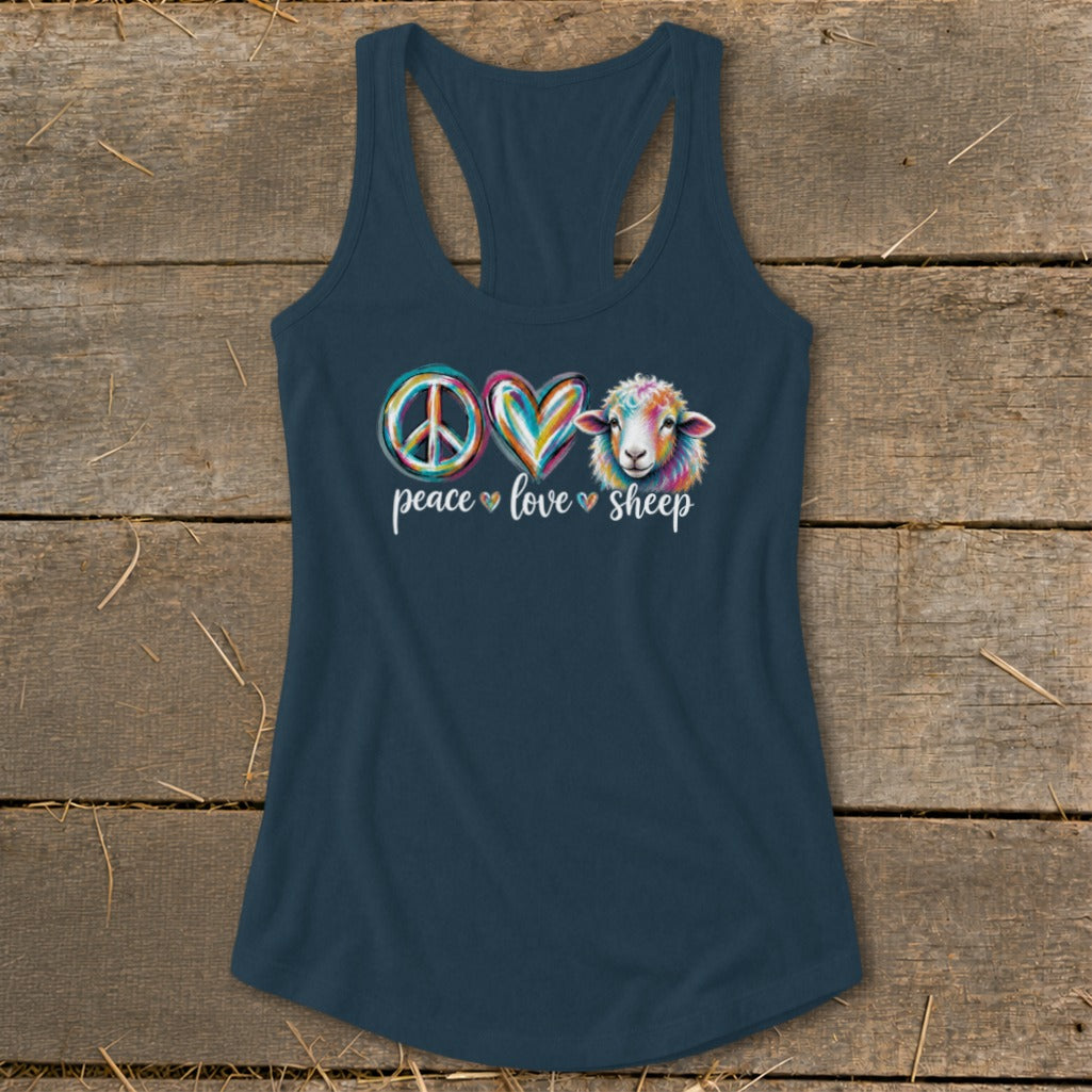 Navy tank top with peace sign, heart, and sheep graphic that says "peace love sheep."